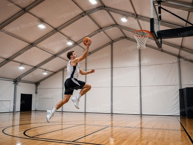 Man jumps for layup inside aluminum sports tent with wooden basketball court