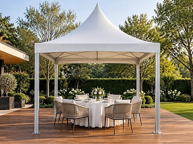 White pagoda tent with curtains for luxury outdoor lounge by pool