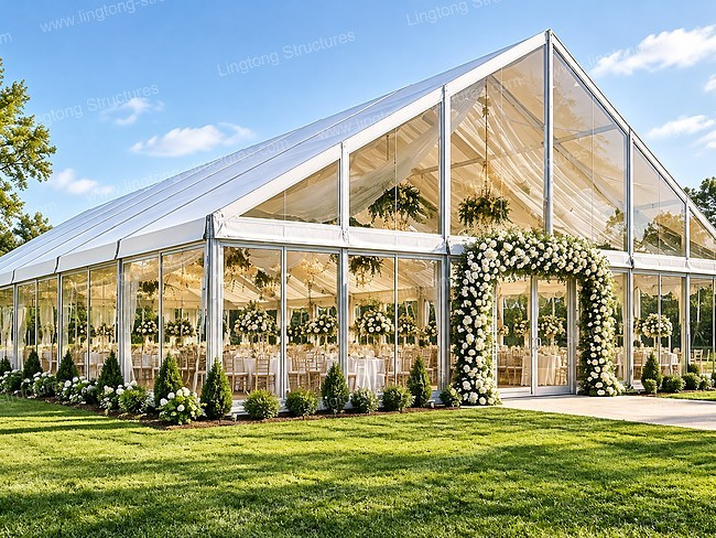Clear glass wall wedding marquee on lawn for luxury outdoor wedding event