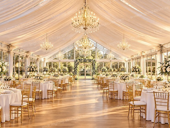 Large clear span wedding marquee interior with chandeliers and draped ceiling