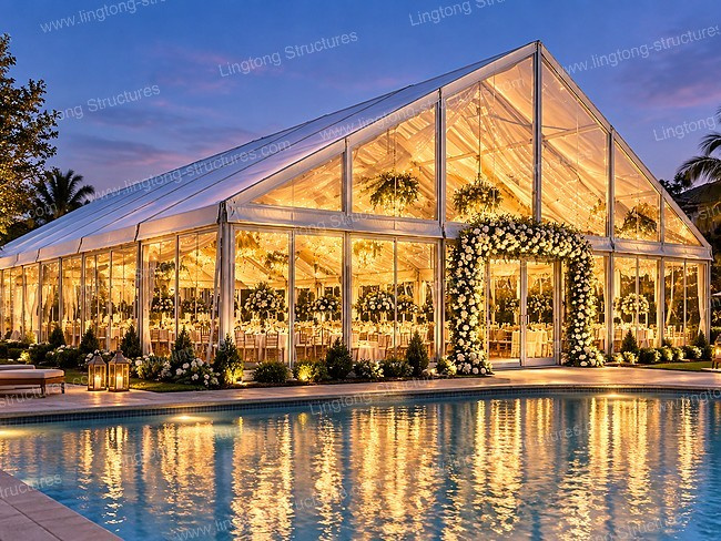Transparent aluminum wedding tent by pool at twilight for outdoor banquet