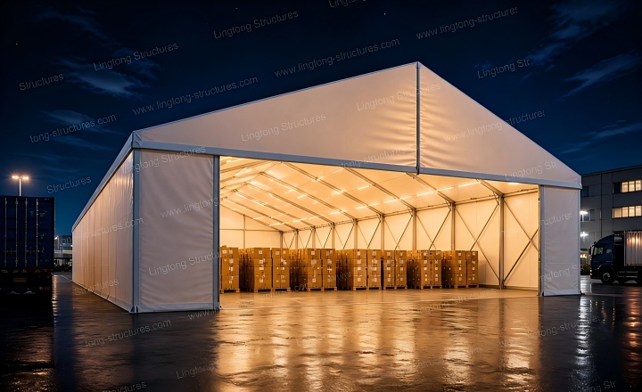 Warehousing tent used for factory storage of raw materials and finished goods