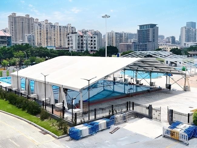 Sports tent interior with basketball court and professional sports flooring