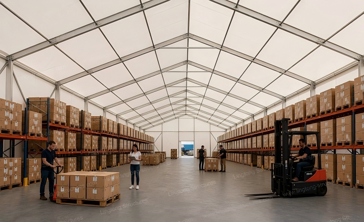 Warehousing tent for port yard container staging and open-air cargo storage