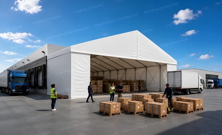 Warehousing tent protecting construction materials and equipment on site