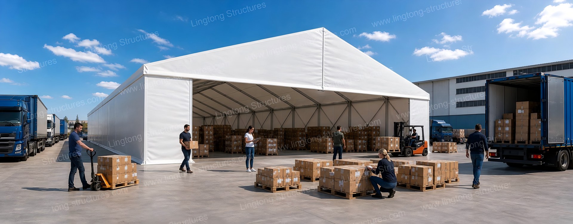 Aluminum alloy warehousing tent exterior with large span and column-free interior for industrial storage