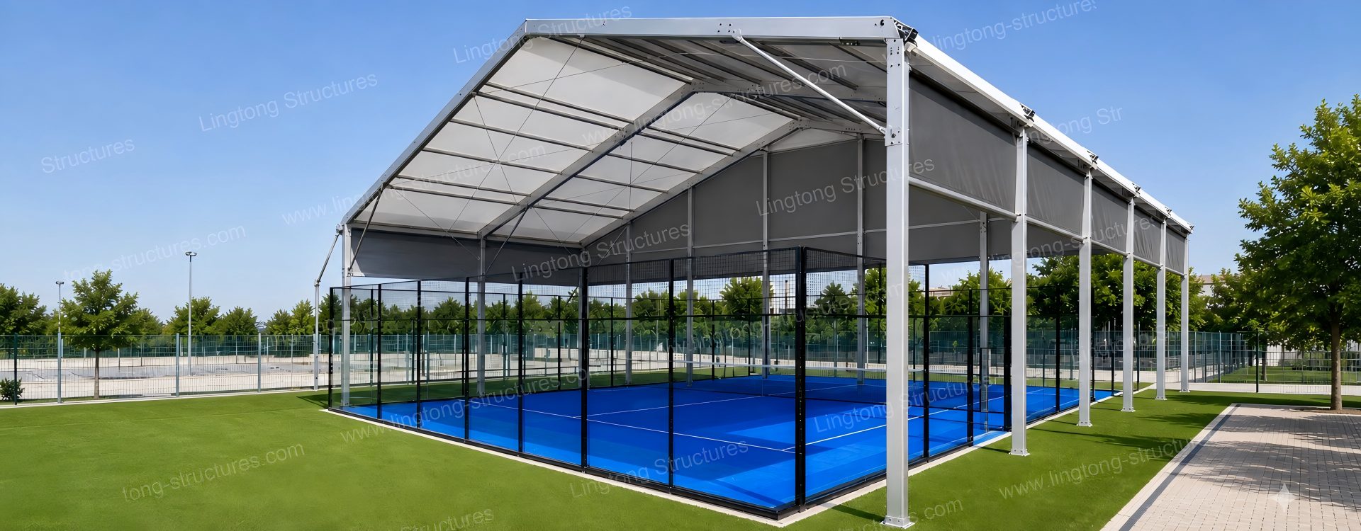 2691788939297766.jpg Modular aluminum tent structure covering padel courts at Bordeaux University campus in France