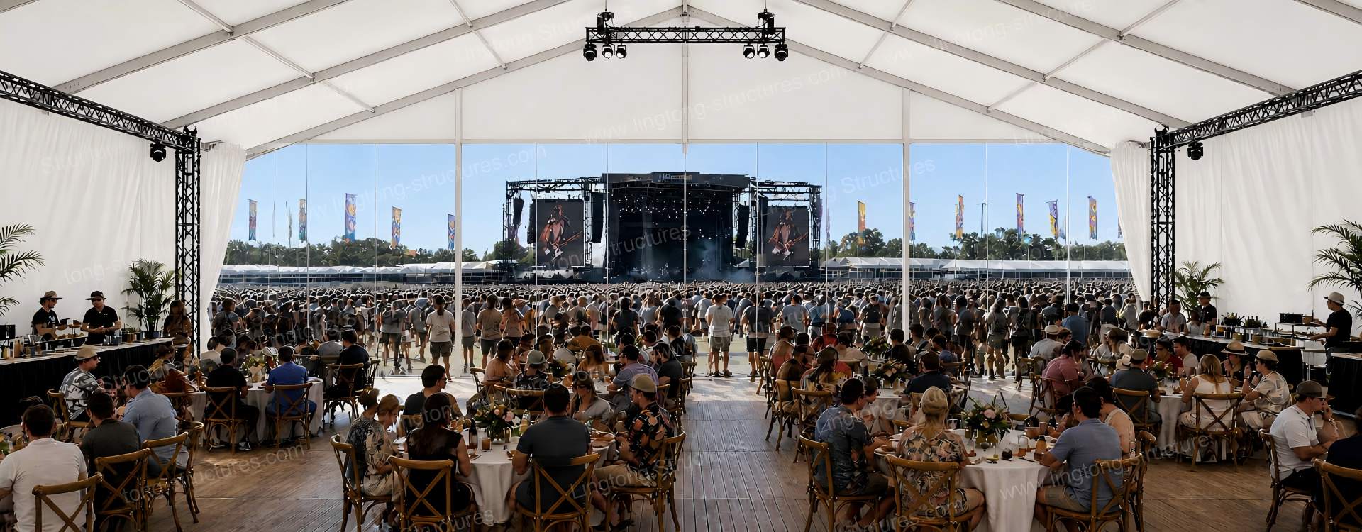 Marquee tent outdoor event setup with white PVC cover and aluminum frame