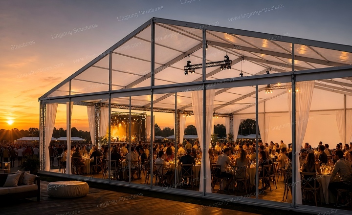 Marquee tent pop-up store and outdoor dining setup with transparent PVC sidewalls