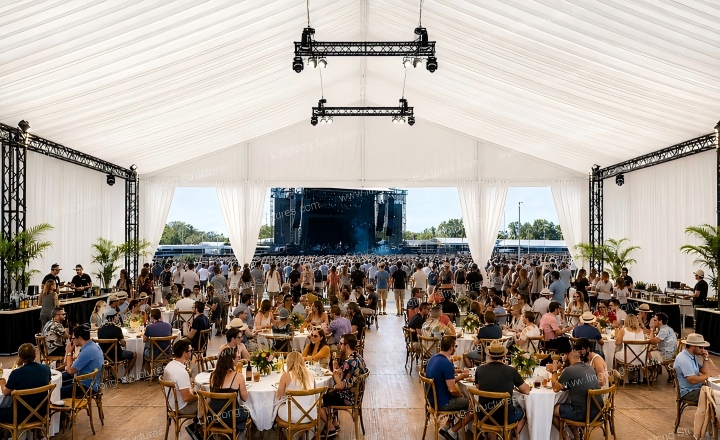 Corporate annual meeting inside marquee tent with stage and banquet seating