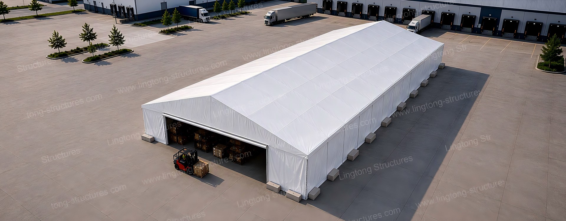 Large aluminum warehouse tent for industrial storage and logistics