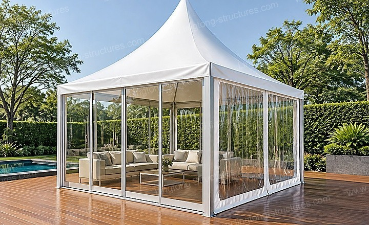 3991792480432647.jpg Glass wall panels and transparent PVC side curtains for pagoda tent