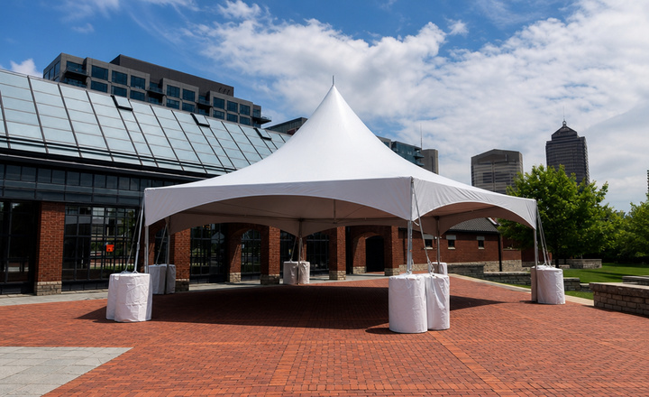 Multi-tiered roof structure side view Multi-tiered roof structure side view with PVC fabric cover