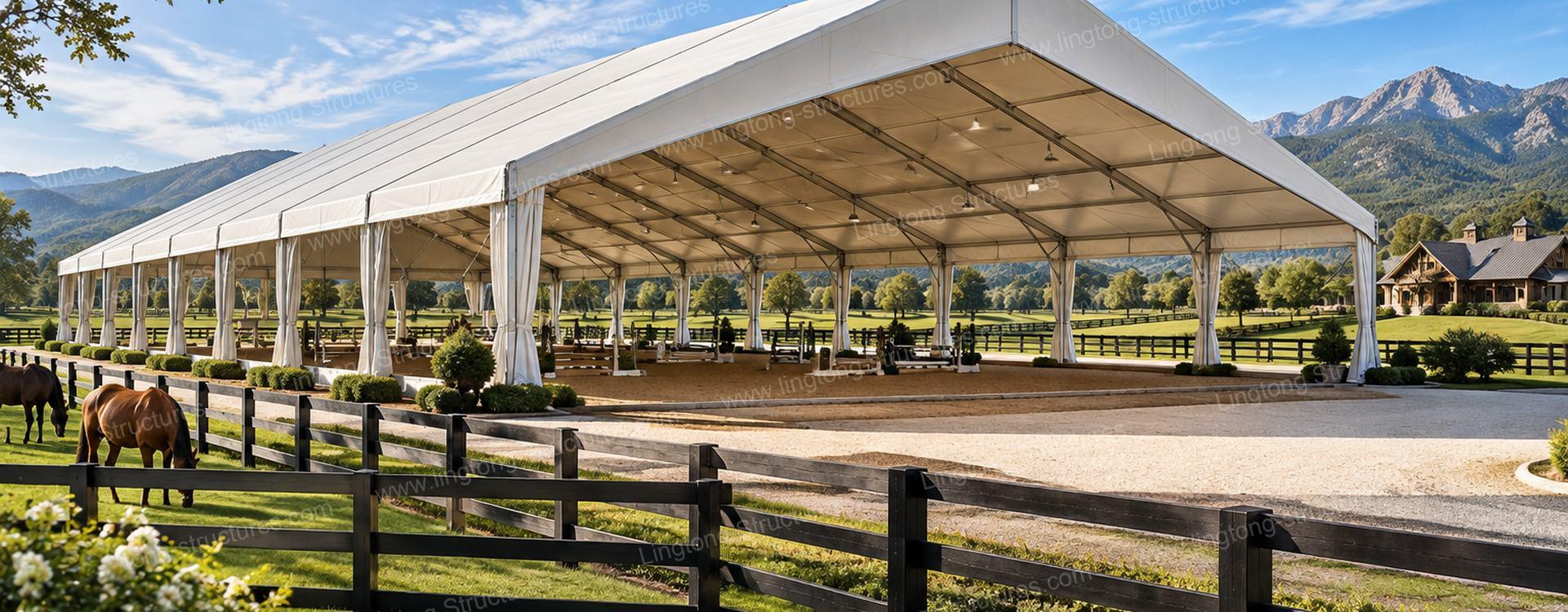 Clear span aluminium equestrian tent Clear span aluminium equestrian tent providing a spacious, column-free indoor riding arena